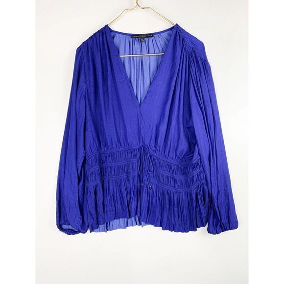 White House Black Market Petite XL Long-Sleeve Fitted Waist Blouse Blue V/neck - Picture 2 of 8